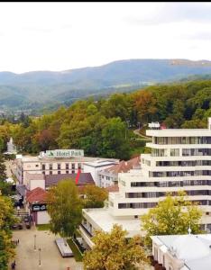 Ausblick auf ein großes Gebäude in einer Stadt in der Unterkunft Studio Milica in Vrnjačka Banja + 29 Fotos