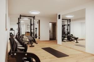 une salle de sport avec une rangée de tapis de course et de miroirs dans l'établissement Chalet Milé, à Ortisei