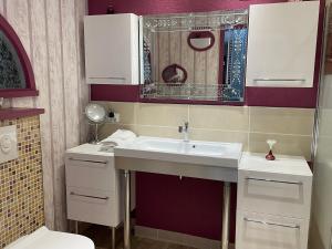 a bathroom with a sink and a mirror and a toilet at La Villa du Fresneaux in Aunou-sur-Orne
