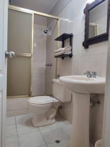 a bathroom with a toilet and a sink and a shower at Dpt de 3 dormitorios Miraflores in Lima