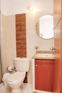 La salle de bains est pourvue de toilettes, d'un lavabo et d'un miroir. dans l'établissement Acogedor Apartamento en Buga, à Buga