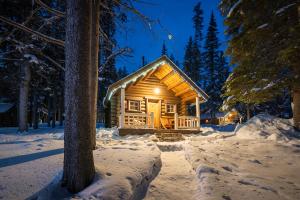 una cabaña de madera en la nieve por la noche en Storm Mountain Lodge & Cabins en Banff