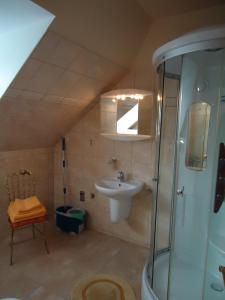 łazienka z umywalką i prysznicem w obiekcie Apartment Duhová we Franciszkowych Łaźniach +3 zdjęcia