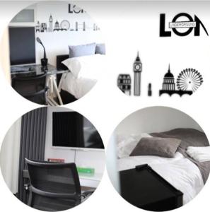 a collage of pictures of a bedroom with a bed and a desk at Luxurious En-suite Soft Water Air Conditioning TV ETHERIUM in London