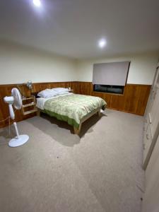 a bedroom with a bed and a fan and a window at Casa de Campo in Osorno