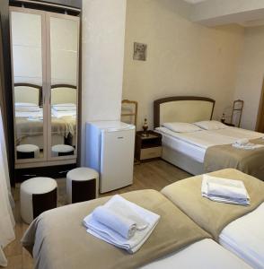 una camera d'albergo con due letti e due specchi di Guest House Lusi a Tbilisi City