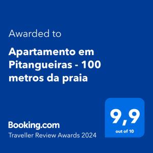 Ett certifikat, pris eller annat dokument som visas upp på Apartamento em Pitangueiras - 100 metros da praia