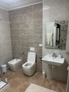 ティラナにあるFly Apartmentのバスルーム(トイレ、洗面台、鏡付)