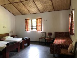 1 dormitorio con 2 camas, sofá y ventana en Karamaluu Garden Lodge, en Gunjur
