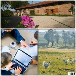 un collage d'images d'une femme travaillant sur un ordinateur portable dans l'établissement A La Poularde B&B, à Curciat-Dongalon