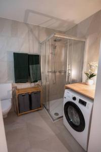 a bathroom with a shower and a washing machine at Appartement spacieux au centre de la Gruyère in Broc