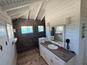 a bathroom with a sink and a mirror at Barbuda Cottages in Codrington Village