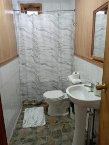 a bathroom with a toilet and a shower curtain at Cabañas Ancud Magico in Ancud