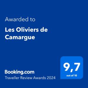 Sertifikatas, apdovanojimas, ženklas ar kitas apgyvendinimo įstaigoje Les Oliviers de Camargue matomas dokumentas