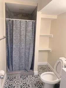 a bathroom with a shower curtain and a toilet at Sweet bedroom located central of downtown in Baltimore