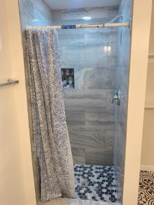 a shower in a bathroom with a shower curtain at Sweet bedroom located central of downtown in Baltimore