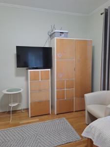 uma sala de estar com uma televisão de ecrã plano na parede em Lena apartment - Lena two bedroom apartment em Vecsés