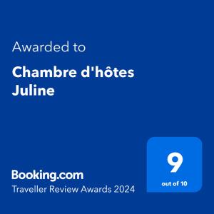 Sertifikat, nagrada, logo ili drugi dokument prikazan u objektu Chambre d'hôtes Juline