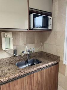 a kitchen counter with a sink and a microwave at Apto mobiliado, 50 metros da praia. in Angra dos Reis