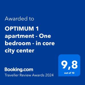 Un certificat, premiu, logo sau alt document afișat la OPTIMUM 1 apartment - One bedroom - in core city center