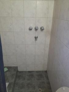 a bathroom with a tiled shower with a toilet at CASITA DE LAS CHACRAS SOBRE EL LAGO in San Carlos de Bariloche