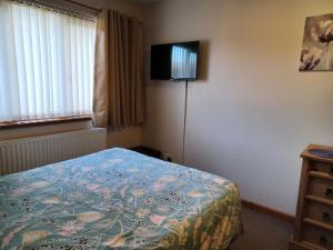 a bedroom with a bed and a flat screen tv at Dunroaming Cottage in Pendine