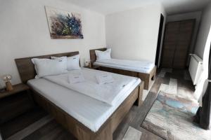 ein kleines Schlafzimmer mit zwei Betten in einem Zimmer in der Unterkunft Casa Danielle in Topliţa