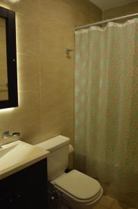 a bathroom with a toilet and a shower curtain at Espacio Aristobulo in Comodoro Rivadavia