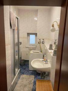 a white bathroom with a sink and a shower at Eilenburg Apartments Nordsachsen in Eilenburg