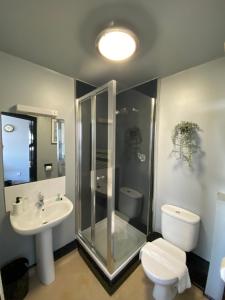 a bathroom with a shower and a toilet and a sink at Bay view rooms at Mentone Hotel in Weston-super-Mare