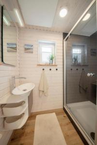 a bathroom with a shower and a sink and a toilet at Hausboot Rán mit Dachterrasse in Kragenæs auf Lolland/DK in Torrig