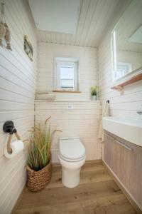 a small bathroom with a toilet and a sink at Hausboot Rán mit Dachterrasse in Kragenæs auf Lolland/DK in Torrig