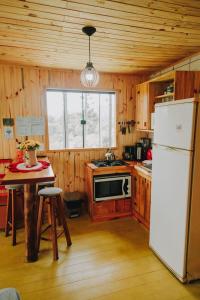 a kitchen with a white refrigerator and a table with a counter at Casa de Campo Santa Paulina in Urupema