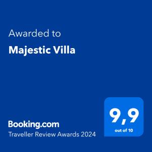Certifikát, ocenenie alebo iný dokument vystavený v ubytovaní Majestic Villa