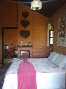 1 dormitorio con 1 cama grande y chimenea en Da Terra Brasil, banheira dupla, en Santo Antônio do Pinhal