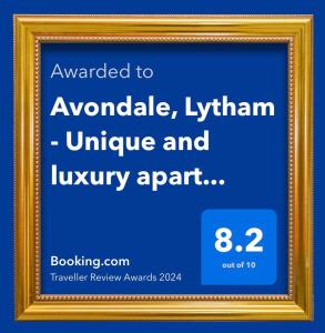 a picture frame with the words awarded to ayodhya hymn unique at Avondale, Lytham - Unique and luxury apartment in the heart of Lytham in Lytham St Annes