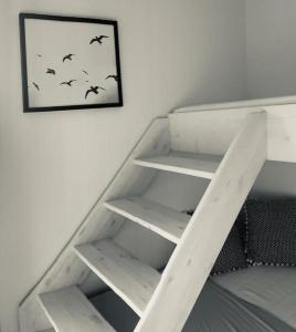 a stairwell with a shelf with birds on the wall at Hausboot Moby Chic mit Dachterrasse in Kragenæs auf Lolland/DK in Torrig