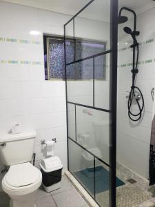 a bathroom with a toilet and a glass shower stall at HOSTAL AIRE PATAGON in Coihaique