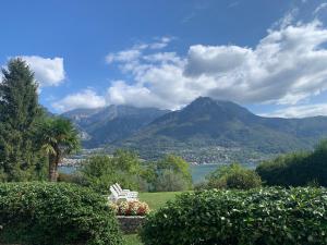 a bench in a park with a view of mountains at Villa Oliveto apartments in Oliveto Lario