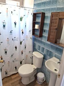 a bathroom with a toilet and a shower curtain at Cabañas Vista Horizonte in El Durazno