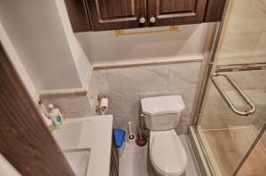 a small bathroom with a toilet and a shower at Large and beautiful master room with private bathroom in Vaughan