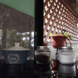 un groupe de vases et un pot sur un rebord de fenêtre dans l'établissement Breezes Ecolodge, à San Ramón