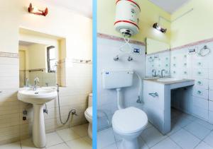 two pictures of a bathroom with a toilet and a sink at Guest House Naazh in Leh