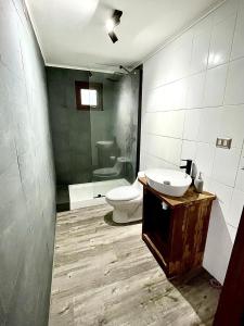 a bathroom with a toilet and a sink at Cabañas Lawal Puerto Varas/con Tinaja in Puerto Varas