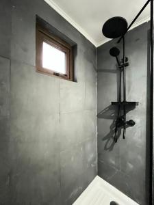 a bathroom with a shower with a window at Cabañas Lawal Puerto Varas/con Tinaja in Puerto Varas