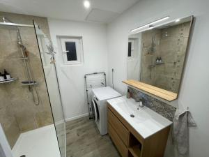 a bathroom with a shower and a sink and a mirror at Maison plain pied au calme in Cuges-les-Pins +7 photos