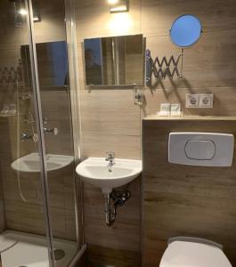 a bathroom with a toilet and a sink and a shower at Hotel Zur Bahnhof in Crailsheim