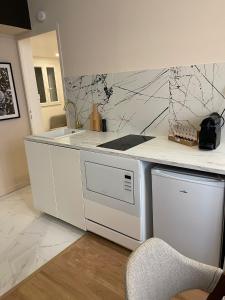 a kitchen with a counter with a sink and a stove at Suite Carter in Lyon