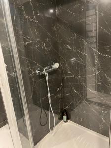 a bathroom with a shower with a black marble wall at Suite Carter in Lyon