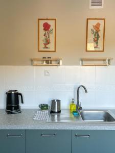 a kitchen sink with two pots and pans on it at Między górami. Apartament w Cisnej in Cisna